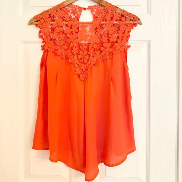 Sz Small Women Orange Lace neck Sleeveless Top - Picture 3 of 4